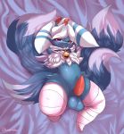  2020 anthro arms_above_head balls bed bell bell_collar blue_body blue_fur clothing collar dipstick_tail erection fan_character fur furniture genitals girly hi_res legwear looking_at_viewer lying male markings meowstic mostly_nude multi_tail multicolored_body multicolored_fur multicolored_tail nintendo on_back on_bed pattern_clothing penis pok&eacute;mon pok&eacute;mon_(species) purple_eyes solo stockings striped_clothing stripes tapering_penis tongue tongue_out two_tone_body two_tone_fur uromatsu video_games white_body white_fur 