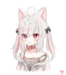  1girl :3 ahoge animal_ears bow camisole cat_ears cat_girl choker fang fang_out hair_bow highres hood hood_down hoodie manao-ke manao_misuzu manao_misuzu_(artist) medium_hair multicolored_hair off_shoulder pink_hair red_eyes silver_hair simple_background strap_slip streaked_hair twintails virtual_youtuber white_background 