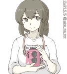  1girl akara_kai braid brown_eyes brown_hair camera closed_mouth dated english_text eyebrows_visible_through_hair isonami_(kancolle) kamen_rider kamen_rider_dcd kantai_collection long_hair looking_at_viewer one-hour_drawing_challenge shirt simple_background solo t-shirt twitter_username upper_body white_background white_shirt 