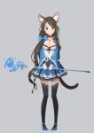  1girl animal_ear_fluff animal_ears bangs black_hair blue_eyes bow breasts cat_ears cat_tail choker cleavage dress eyebrows_visible_through_hair grey_background hair_bow hair_ornament highres holding holding_staff jewelry long_hair looking_at_viewer medium_breasts nekoze_(s22834712) original pendant solo staff swept_bangs tail thighhighs tu_ya_(nekoze) 