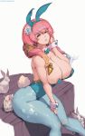  1girl absurdres animal_ears arched_back areola_slip areolae artist_name bare_shoulders blue_eyes breasts bunny bunny_ears bunnysuit cuffs cutesexyrobutts fire_emblem fire_emblem:_three_houses flower gunnthra_(fire_emblem) hair_flower hair_ornament highres huge_breasts long_hair looking_at_viewer paid_reward pantyhose parted_lips patreon_reward pink_hair signature simple_background sitting smile solo thick_thighs thighs white_background 