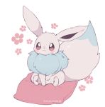  alternate_color brown_eyes clarevoir closed_mouth commentary creature eevee english_commentary full_body gen_1_pokemon no_humans pillow pokemon pokemon_(creature) shiny_pokemon signature simple_background sitting solo white_background 
