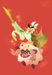  bird commentary creature english_commentary full_body gen_8_pokemon highres open_mouth pokemon pokemon_(creature) red_background riding riding_pokemon shield signature simple_background sirfetch&#039;d stasya-sher tears wooloo 