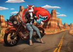  animal_humanoid anthro biker biker_girl biker_jacket bottomwear canid canid_humanoid canine canis clothing cloudscape cracked_ground darkflamewolf desert female heterochromia humanoid jacket jeans kippurable mammal mammal_humanoid motorcycle motorcycle_helmet mountain pants road sky solo tail_maw taylor_renee_wolford_(darkflamewolf) tongue tongue_out topwear torn_bottomwear torn_clothing torn_jeans torn_pants vehicle wolf 