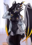  absurd_res anthro bearbeer clothed clothing dragon eyewear female glasses hi_res horn legwear nipple_piercing nipples open_shirt piercing scales scalie shirt shirt_cuffs solo stockings thigh_highs topwear vi wings 