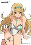  bangs bare_arms blonde_hair blush breasts choker cleavage covered_navel cowboy_shot eyebrows_visible_through_hair from_above highres hikari_(xenoblade_2) large_breasts looking_at_viewer one-piece_swimsuit simple_background swept_bangs swimsuit thigh_gap thigh_strap thighs tiara twitter_username white_background white_choker white_swimsuit xenoblade_(series) xenoblade_2 yellow_eyes yuuuun0218 