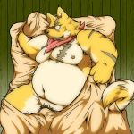  1:1 2015 anthro bedding belly blanket canid canine canis domestic_dog kemono lying male mammal moobs nipples obese overweight pubes scar solo suishou0602 