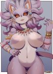  2020 anthro belladonna_(trials_of_mana) black_sclera breasts claws featureless_breasts featureless_crotch felid female hand_on_hip hi_res jewelry looking_at_viewer mammal mana_(series) mofumofumachine navel nude open_mouth slit_pupils solo square_enix tongue trials_of_mana video_games 