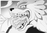 2018 3_fingers agumon ambiguous_gender biped black_nose border canid canine claws clenched_teeth close-up digimon digimon_(species) digital_drawing_(artwork) digital_media_(artwork) dipstick_tail duo english_text eyes_closed facial_markings fangs feral feral_pred feral_prey fingers forced fur fur_markings garurumon grey_background greyscale half-closed_eyes head_markings imminent_vore in_mouth larger_ambiguous larger_feral long_tail looking_at_another looking_down lying macro mammal markings micro monochrome mouth_shot multicolored_body multicolored_fur multicolored_tail narrowed_eyes neck_tuft nude on_front on_tongue open_mouth oral_vore quadruped s2-freak semi-anthro side_view simple_background size_difference smaller_ambiguous smaller_feral soft_vore standing symbol tail_tuft teeth text three-quarter_view tongue tongue_out tuft unwilling_vore vore watermark white_border white_claws 