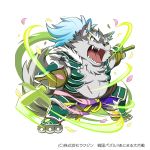  1:1 2020 anthro armor belly black_nose canid canine canis japanese_text kemono kinoshita-jiroh male mammal moobs overweight overweight_male sengoku_puzzle simple_background solo teeth text video_games weapon white_background wolf yonekitsu_tsuneharu 