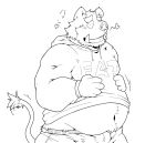  &lt;3 2015 anthro belly bulge clothing eyes_closed hi_res hoodie humanoid_hands japanese_text kemono male mammal monochrome navel overweight overweight_male simple_background solo suid suina suishou0602 sus_(pig) text topwear underwear white_background wild_boar 
