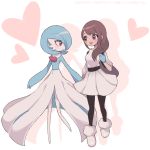  2girls :d blush brown_hair clarevoir closed_mouth commentary creature dress english_commentary eye_contact gardevoir gen_3_pokemon heart holding_hands long_hair looking_at_another multiple_girls open_mouth original pokemon pokemon_(creature) shoes simple_background smile white_background white_dress white_footwear 