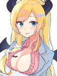  1girl bandages bangs bat_tattoo blonde_hair blue_eyes blush blush_stickers breasts chest_tattoo cleavage coat commentary demon_horns demon_wings eyebrows_visible_through_hair highres hololive horns labcoat large_breasts long_hair looking_at_viewer open_clothes open_shirt parted_bangs parted_lips pink_shirt shirt simple_background smile solo straight_hair tattoo tsumayouji_(tumayog) upper_body virtual_youtuber white_background white_coat wing_collar wings yuzuki_choco 