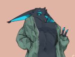  anthro black_body black_fur black_sclera blue_eyes blue_inner_ear blue_nose breasts buta99 clothing ear_tuft female fur fur_tuft hand_in_pocket head_tuft jacket mammal navel open_jacket pockets signature simple_background topwear tuft 