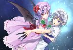 2girls apron ascot bat_wings between_fingers blue_eyes bow braid commentary_request dress hair_bow hat holding_hands izayoi_sakuya knife kyuu_umi lavender_hair maid_headdress mob_cap multiple_girls nail_polish open_mouth petticoat pink_dress pink_headwear red_eyes red_neckwear remilia_scarlet short_sleeves silver_hair star starry_background touhou twin_braids waist_apron wings 