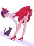  1girl bangs bow cat cat_girl choker closed_mouth commentary dress dutch_angle from_side gegege_no_kitarou hair_bow hair_bun hands_on_own_knees high_heels katouken_(ktn-works) kneepits leaning_forward long_sleeves looking_at_viewer looking_back nekomusume nekomusume_(gegege_no_kitarou_6) pinafore_dress pointy_ears purple_hair red_bow red_dress red_footwear shirt short_dress short_hair simple_background solo standing white_background white_shirt yellow_eyes 