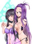  2girls bangs_pinned_back black_hair blush bow bra camisole closed_eyes commentary_request eyebrows_visible_through_hair flower glasses hand_on_another&#039;s_arm highres holding_hands hug hug_from_behind kagamihara_sakura keke_(user_zech7732) lingerie long_hair multiple_girls nail_polish navel one_eye_closed open_mouth panties purple_eyes purple_hair simple_background sweatdrop toba_minami underwear very_long_hair white_background yuri yurucamp 