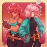  2girls armband belt big_hair black_bodysuit bodysuit bodysuit_under_clothes borrowed_character breasts brown_gloves cleavage commentary cracking_knuckles dark_skin dragonpuff17 english_commentary gloves green_jacket hands_in_pockets highres jacket long_hair loose_belt low_ponytail maria_(space_maria) medium_breasts multiple_girls pants pi_(space_maria) pink_hair red_hair scar science_fiction short_hair small_breasts smoking space_maria spaghetti_strap standing tank_top toned 