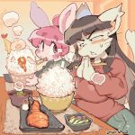  1:1 2020 aliasing anthro big_breasts black_eyes black_hair blush bottomwear breasts chopsticks clasped_hands clothed clothing dated domestic_cat domestic_rabbit duo ear_tuft eating envy felid feline felis female food fully_clothed fur furniture hair kemono lagomorph leporid long_hair looking_at_another mammal oryctolagus pink_body pink_eyes pink_fur pink_hair ponytail rabbit rice table topwear tuft whiskers white_body white_fur ziroro326 