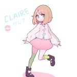  1girl asymmetrical_bangs bangs black_footwear blue_eyes character_name claire_(clarevoir) clarevoir commentary english_commentary happy light_brown_hair looking_at_viewer original pokemon shoes short_hair simple_background smile standing standing_on_one_leg white_background 
