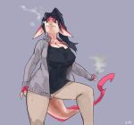  anthro black_clothing black_hair bottomwear breasts buta99 clothed clothing female fingerless_(marking) fully_clothed grey_clothing hair hi_res holding_cigarette looking_at_viewer pink_body pink_ears pink_tail signature smoke smoking solo species_request text white_text 