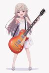  1girl bare_shoulders blush commentary dress electric_guitar eyebrows_visible_through_hair full_body gibson grey_hair guitar highres holding holding_instrument instrument les_paul long_hair looking_at_viewer makaino_ririmu multicolored_hair nijisanji open_mouth outstretched_arm plectrum pointy_ears red_eyes red_hair sabamen sandals shadow sidelocks simple_background sleeveless sleeveless_dress smile solo strap_slip streaked_hair virtual_youtuber white_background white_dress 