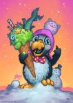  3_toes ambiguous_gender avian beak bird bird_feet black_body black_feathers black_tongue blizzard_entertainment blue_eyes blush bow_tie clothing dessert feathers food gradient_background headgear headwear hearthstone holding_food holding_object ice_cream ice_cream_cone looking_at_viewer matt_dixon open_mouth orange_background penguin pink_clothing pink_headwear polka_dots red_background semi-anthro simple_background snow snowflipper_penguin snowing snowman solo standing toes tongue video_games white_body white_feathers yellow_background yellow_beak 