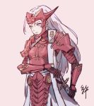  1girl armor breasts cosplay czyk edelgard_von_hresvelg fire_emblem fire_emblem:_three_houses fire_emblem_heroes highres lips long_hair purple_eyes red_armor ryoma_(fire_emblem) ryoma_(fire_emblem)_(cosplay) simple_background small_breasts solo sword weapon 