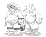  2015 anthro asian_clothing belly blush bottomwear bulge canid canine canis clothing domestic_dog duo east_asian_clothing fundoshi hat headgear headwear hi_res humanoid_hands japanese_clothing kemono male mammal melee_weapon moobs nipples overweight overweight_male pants raccoon_dog shirt simple_background suishou0602 sword tanuki topwear underwear weapon white_background 
