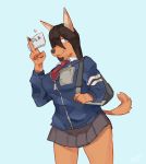  5_fingers backpack black_hair blue_clothing blue_eyes blue_jacket blue_topwear bottomwear breasts buta99 canid canine clothed clothing female fingers fully_clothed fur hair hair_over_eye holding_object mammal monotone_tail one_eye_obstructed red_clothing skirt solo topwear 