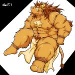  1:1 2015 anthro barazoku bovid bovine brown_body brown_fur bulge cattle clothing fur horn humanoid_hands kemono loincloth male mammal muscular nipples scar simple_background solo suishou0602 text 