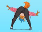  2020 4:3 anthro bent_over black_bottomwear black_clothing blue_background blue_hair bottomwear buta99 butt canid canine clothed clothing female footwear fully_clothed fur hair hi_res looking_through_legs mammal monotone_tail orange_body orange_fur orange_tail pink_clothing rear_view signature simple_background solo 