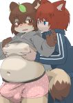 2020 anthro belly blush bottomwear brown_body brown_fur bulge canid canine clothing duo erection erection_under_clothing fur grope hoodie hug hugging_from_behind humanoid_hands kemono leaf male mammal moobs navel nipples pants raccoon_dog si_ra_ta_ma3 simple_background slightly_chubby tanuki topwear underwear white_background 