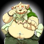  1:1 2017 anthro belly bodily_fluids bottomwear canid canine canis clothing crying cu_sith_(tas) domestic_dog hoodie humanoid_hands kemono male mammal navel overweight overweight_male pants scarf solo suishou0602 tears tokyo_afterschool_summoners topwear video_games 