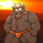  1:1 2016 anthro balls_outline bovid bovine bulge cattle clothing genital_outline humanoid_hands kemono male mammal musclegut nipples outside penis_outline solo suishou0602 sun underwear 