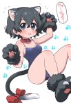  1girl alternate_costume animal_ears bare_shoulders black_hair blue_eyes blush bow cat_ears cat_girl cat_tail collar commentary_request extra_ears eyebrows_visible_through_hair gloves highres kaban_(kemono_friends) kemono_friends kemonomimi_mode one-piece_swimsuit paw_boots paw_gloves paws ransusan red_bow red_collar school_swimsuit short_hair sleeveless solo sweatdrop swimsuit tail tail_bow translation_request 