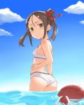  2girls ass back bikini blue_sky breasts brown_hair closed_mouth cloud cloudy_sky commentary day from_behind frown glaring hair_ornament hair_ribbon hairclip looking_at_another looking_back medium_hair miyoshi_karin multiple_girls one_side_up outdoors red_hair red_ribbon ribbon shikou_sakugo_(qqap9gt9k) sky small_breasts standing submerged swimsuit water wet white_bikini yuuki_yuuna yuuki_yuuna_wa_yuusha_de_aru yuusha_de_aru 