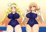 blonde_hair blush breasts butt_from_the_front clothing collarbone dkun duo feathers female front_view hair humanoid ishuzoku_reviewers meidri swimwear winged_humanoid wings yellow_body yellow_feathers yellow_wings 