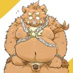  1:1 2015 anthro balls belly brown_body brown_fur clothing flaccid fur genitals humanoid_genitalia humanoid_hands humanoid_penis kemono loincloth male mammal moobs navel nipples overweight overweight_male penis scar small_penis solo suid suina suishou0602 sus_(pig) wild_boar 