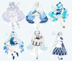  6+girls absurdres agonasubi ahoge aqua_eyes arms_behind_back bass_clef beamed_eighth_notes beret bloomers blue_bow blue_capelet blue_dress blue_eyes blue_gloves blue_hair blue_headwear blue_mittens blue_ribbon blue_skirt blush bow bowtie bracelet branch capelet chimes christmas_ornaments commentary contrapposto detached_sleeves dress eighth_note frilled_dress frills from_side full_body fur-trimmed_capelet fur-trimmed_dress fur-trimmed_footwear fur_trim gloves gradient_hair hair_bow hair_ornament hair_ribbon hands_up hat hatsune_miku head_tilt heart_ahoge highres holding holding_instrument holding_wand instrument jewelry kneehighs leaning_forward light_blue_hair long_hair looking_at_viewer mittens multicolored_hair multiple_girls multiple_persona musical_note musical_note_print pantyhose pastel_colors pleated_skirt ribbon ruffled_dress skirt sleeveless sleeveless_dress smile snowflake_print staff_(music) star star_hair_ornament star_wand striped striped_legwear striped_neckwear thighhighs treble_clef twintails underwear very_long_hair vocaloid wand white_beret white_capelet white_dress white_gloves white_hair white_headwear white_sleeves yuki_miku 