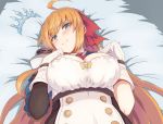  1girl ahoge bed_sheet blue_eyes blush breasts cleavage closed_mouth commentary_request eyebrows_visible_through_hair gloves ka-9 large_breasts long_hair looking_at_viewer lying on_back orange_hair pecorine princess_connect! princess_connect!_re:dive smile solo tiara tiara_removed white_gloves 