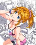  1girl adjusting_hair blue_eyes breasts commentary commentary_request gundam gundam_build_fighters gundam_build_fighters_try hair_ornament highres hoshino_fumina jewelry long_hair looking_at_viewer no_bra ponytail shorts sitting smile solo suzutsuki_kurara 