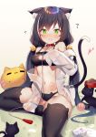  1girl ? animal animal_ear_fluff animal_ears bare_shoulders black_bra black_hair black_legwear black_panties blush bra breasts cat cat_cutout cat_ears cat_girl cat_lingerie cat_tail choker cleavage_cutout collarbone embarrassed fang green_eyes heart heart-shaped_pupils hecha_(swy1996228) highres kyaru_(princess_connect) leash long_hair looking_at_viewer medium_breasts meme_attire multicolored_hair navel nose_blush off_shoulder open_clothes open_mouth open_shirt panties princess_connect! princess_connect!_re:dive see-through shirt solo stomach streaked_hair sweat symbol-shaped_pupils tail tail_raised thighhighs thighs twintails underwear v-shaped_eyebrows very_long_hair white_shirt 