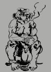  2020 ape balls beret biceps big_balls cigarette clothing crouching digital_media_(artwork) frown genitals guayo hands_together haplorhine hat headgear headwear hi_res humanoid_genitalia humanoid_penis male mammal monochrome muscular nude pecs penis primate simple_background sketch small_penis smoking solo 