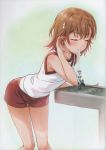  1girl absurdres bent_over breasts brown_hair closed_eyes drinking drinking_fountain gym_uniform hair_ornament highres misaka_mikoto puma_(hyuma1219) red_shorts scan shirt short_hair short_shorts shorts sleeveless sleeveless_shirt small_breasts solo sweat to_aru_kagaku_no_railgun to_aru_majutsu_no_index wet 