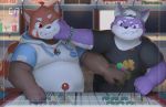  2020 ailurid anthro belly cai1448331577 canid canine clothing detailed_background duo fur hat headgear headwear hi_res hoodie humanoid_hands kemono male mammal overweight overweight_male purple_body purple_fur red_panda shirt topwear white_body white_fur 