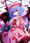  1girl animal ascot bangs bat bat_wings black_wings blue_hair blush bow closed_mouth collared_dress dress eyebrows_visible_through_hair frilled_dress frilled_shirt_collar frills hair_between_eyes hand_up hat hat_bow head_tilt holding holding_spear holding_weapon light_smile mob_cap nanase_nao pink_dress pink_headwear polearm puffy_short_sleeves puffy_sleeves red_bow red_eyes red_neckwear remilia_scarlet short_sleeves solo spear spear_the_gungnir touhou weapon wings 