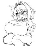  adelia_(changbae) beverage big_breasts blush bodily_fluids breasts changbae cleavage clothed clothing drunk ear_piercing female goblin hi_res humanoid jewelry monochrome necklace not_furry piercing short_stack sitting solo substance_intoxication sweat thick_thighs 