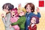  2018 2boys 3girls :d :o anal_(arinosumuki) animal_hat black_collar blonde_hair blue_jacket blue_nails blush brown_eyes brown_hair brown_sweater cat_hat character_request closed_eyes closed_mouth clothes_tug collar collared_shirt crossdressing dress dress_shirt earrings frilled_collar frilled_jacket frills glasses green_jacket grey_jacket hair_between_eyes hair_ornament hair_up hairclip hat highres hug hug_from_behind jacket jewelry jiishiki_kajou_(ukagaka) lineup long_sleeves looking_at_another looking_at_viewer looking_down looking_up multiple_boys multiple_girls nose_blush open_mouth orange_eyes original pink_hair pink_jacket purple_hair red_dress ribbed_sweater shirt short_hair smile sweatdrop sweater track_jacket ukagaka upper_body wavy_hair white_shirt yellow_eyes yume_nikki_(ukagaka) zipper_pull_tab 