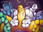  3_toes 5_toes alphys anthro blush bodily_fluids bratty_(undertale) bronypanda butt claws cum cum_on_butt cum_on_feet cum_on_penis english_text feet female foot_fetish foot_play footjob genital_fluids genitals group hi_res humanoid_feet male male/female muffet penis protagonist_(undertale) red_eyes sex soles speech_bubble text toe_claws toes toriel undertale undyne video_games yellow_penis 